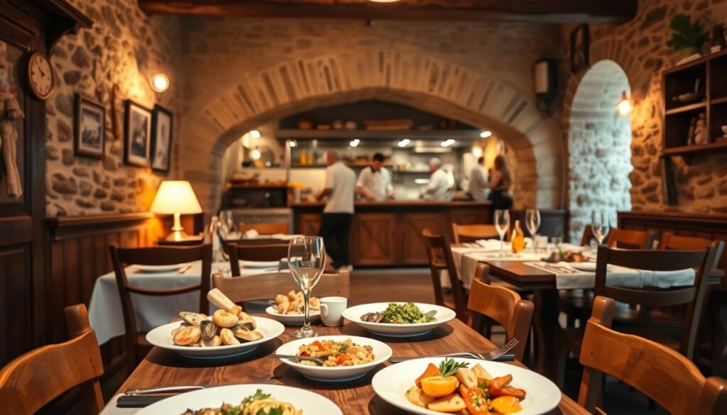 A cozy and intimate Catalan dining atmosphere, with warm lighting casting a soft glow over the rustic wooden furniture and stone walls. In the foreground, a table is set with traditional Catalan dishes, including fresh seafood and local produce. The middle ground features an open kitchen, where chefs meticulously prepare the meals. In the background, a gentle chatter fills the air, creating a lively and convivial ambiance. The scene is captured through a wide-angle lens, allowing the viewer to fully immerse themselves in the authentic Catalan dining experience.