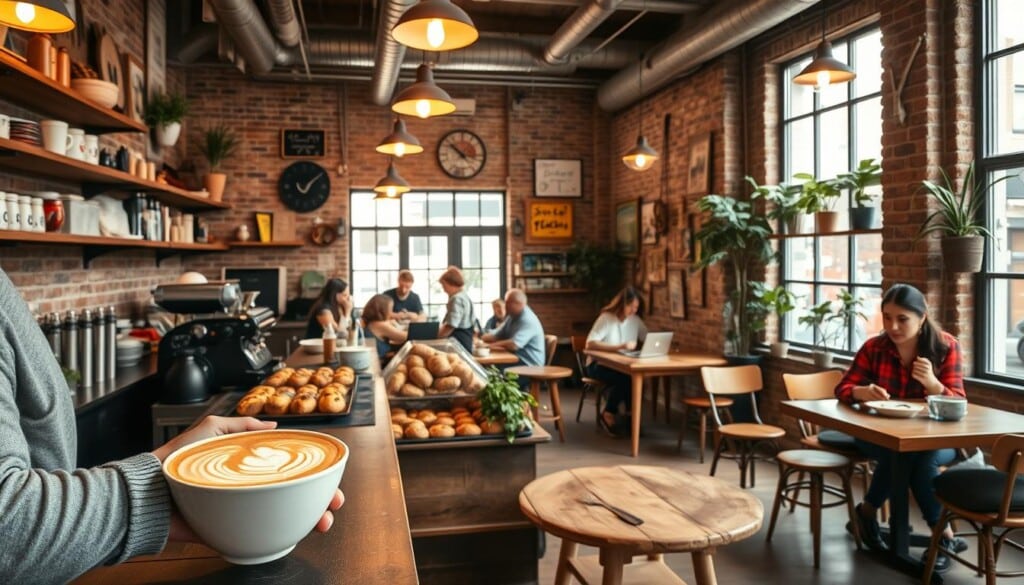 A cozy and inviting coffee shop with a unique, eclectic design. The interior features warm lighting, exposed brick walls, and a mix of vintage and modern furnishings. In the foreground, a barista prepares a latte with intricate latte art. The middle ground showcases a variety of homemade pastries and baked goods displayed on rustic wooden shelves. The background reveals large windows allowing natural light to flood the space, creating a bright and airy atmosphere. Patrons sit at mismatched tables, engrossed in conversation or working on their laptops, surrounded by an ever-changing collection of artwork and plants that add to the shop's quirky and charming ambiance.