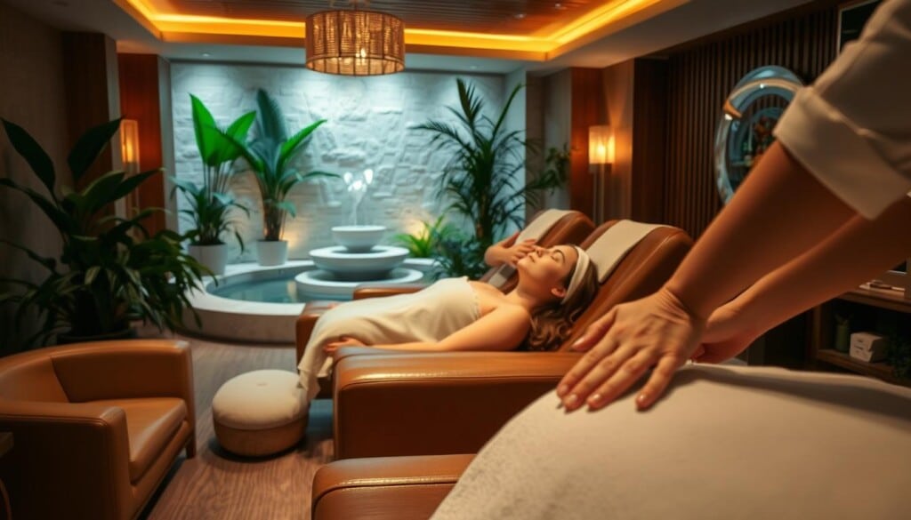 A cozy and inviting day spa interior, with plush leather chairs and soft lighting casting a warm glow. In the foreground, a masseuse's hands gently kneading a client's shoulders, exuding a sense of tranquility and relaxation. In the middle ground, a woman receiving a facial treatment, her eyes closed as she indulges in the pampering experience. In the background, a serene water feature and lush indoor plants, creating a peaceful, rejuvenating atmosphere. The scene is captured with a wide-angle lens, conveying a sense of depth and immersion, inviting the viewer to imagine themselves in this soothing, luxurious environment.