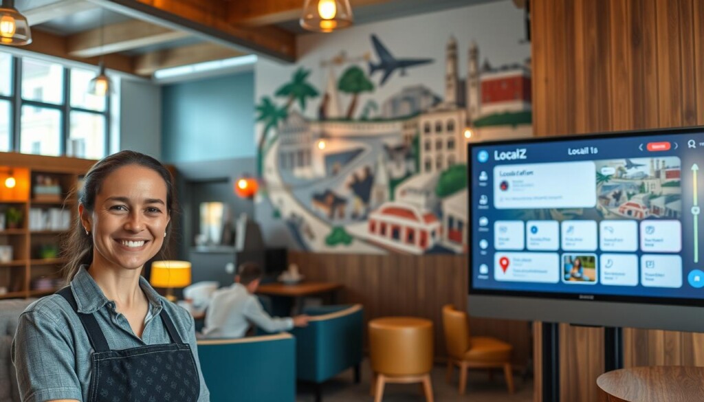 A cozy and inviting hostel lobby with ample seating, warm lighting, and wooden accents. In the foreground, a host smiles warmly, ready to assist guests with their LocalZ booking. The middle ground showcases a large interactive display with user-friendly LocalZ interface, highlighting key features like location search, availability, and reservation management. The background features a mural depicting local attractions, setting the scene for an authentic travel experience. The overall atmosphere is relaxed and welcoming, reflecting the budget-friendly ethos of the hostel.