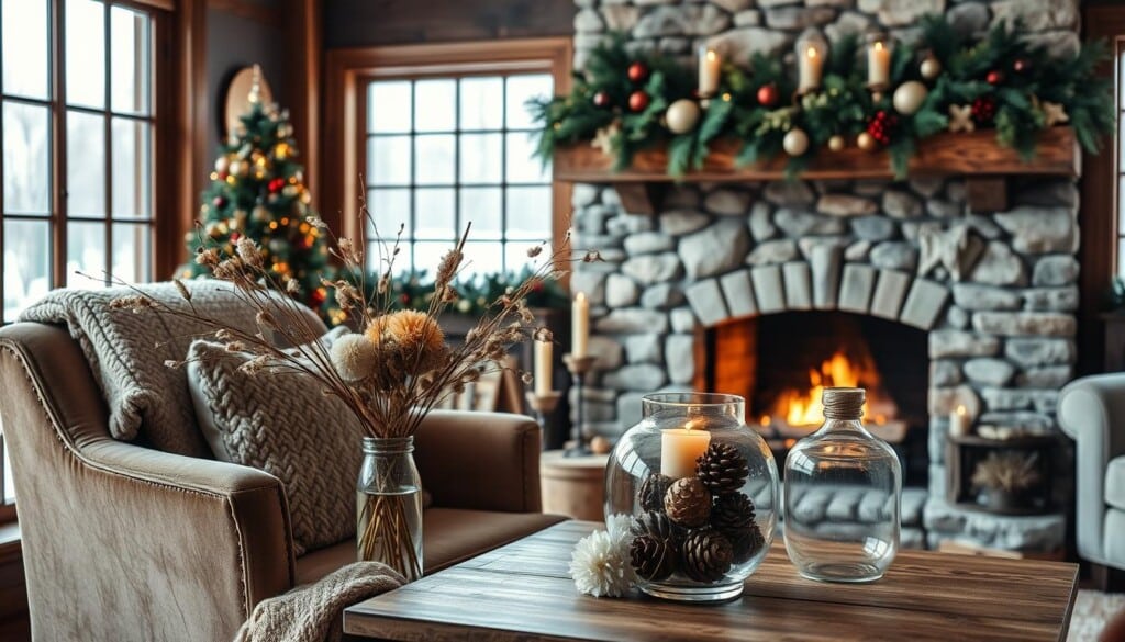 A cozy and inviting seasonal decor display in a warm and rustic living room setting. In the foreground, a plush velvet armchair adorned with a hand-knitted throw blanket and a few accent pillows. On the coffee table, a classic glass vase filled with an arrangement of dried flowers, pinecones, and a few twinkling fairy lights. In the middle ground, a large stone fireplace with a decorative mantle displaying an elegant garland of evergreen foliage, holiday ornaments, and flickering candles. The background features a large picture window overlooking a snowy winter landscape, with soft, diffused natural lighting filtering in. The overall atmosphere is one of hygge, comfort, and festive seasonal charm.