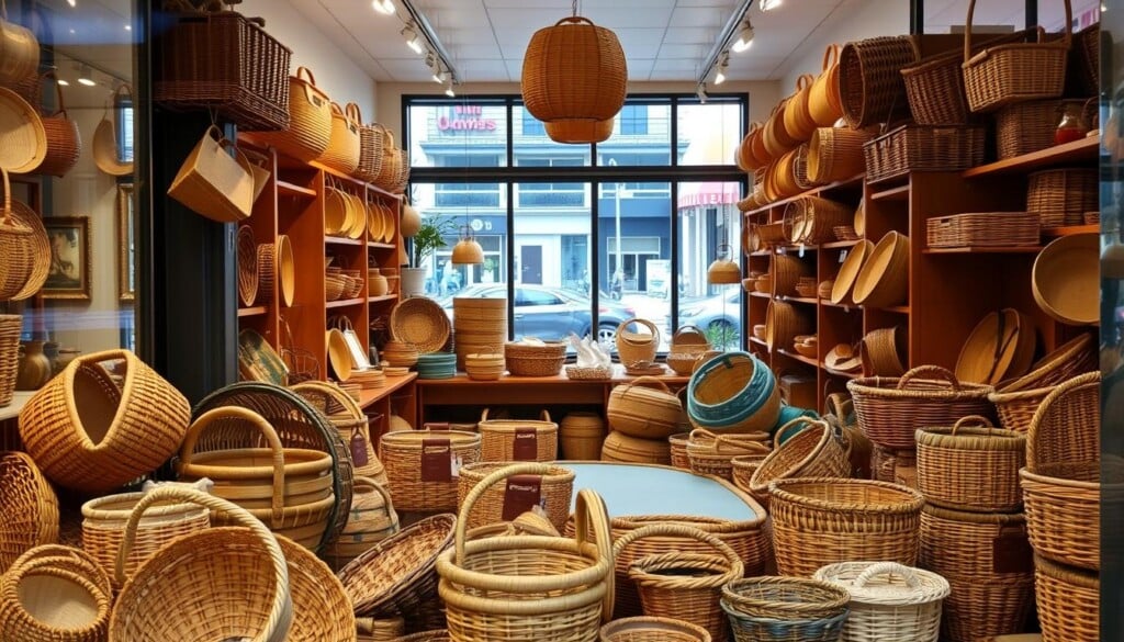 A cozy and inviting storefront with warm lighting, showcasing a diverse collection of handcrafted baskets. In the foreground, a well-curated display of artisanal woven baskets in various shapes, sizes, and natural hues. The middle ground features a clean and organized interior, with wooden shelves and counters showcasing an array of unique basket designs. In the background, a large window offers a glimpse of a bustling street, creating a sense of connection to the local community. The overall atmosphere conveys a sense of craftsmanship, authenticity, and a celebration of the art of basket making.
