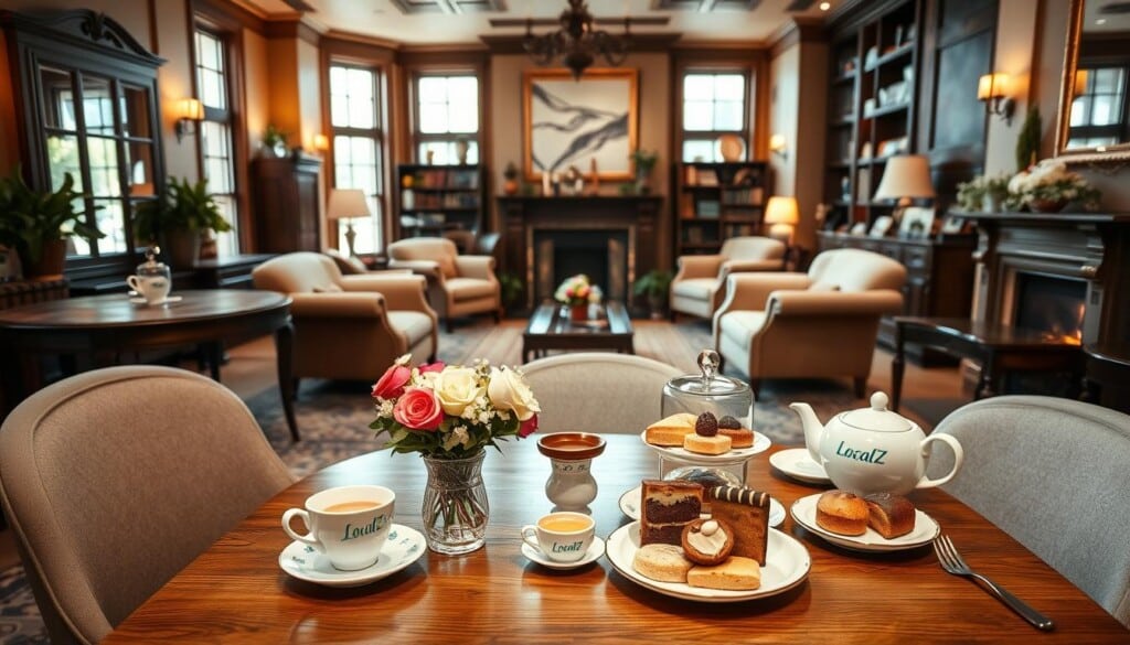 A cozy and inviting tea room, with LocalZ branding prominently displayed. The foreground features a wooden table set with fine china, fresh flowers, and an assortment of delectable tea cakes and pastries. In the middle ground, large windows allow natural light to flood the space, creating a warm and cheerful ambiance. The background showcases elegant decor, including plush armchairs, antique bookshelves, and a fireplace crackling softly. The lighting is soft and diffused, creating a sense of calm and relaxation. The overall atmosphere evokes a feeling of timeless charm and genuine hospitality, reflecting the LocalZ brand's commitment to enhancing the tea room experience.