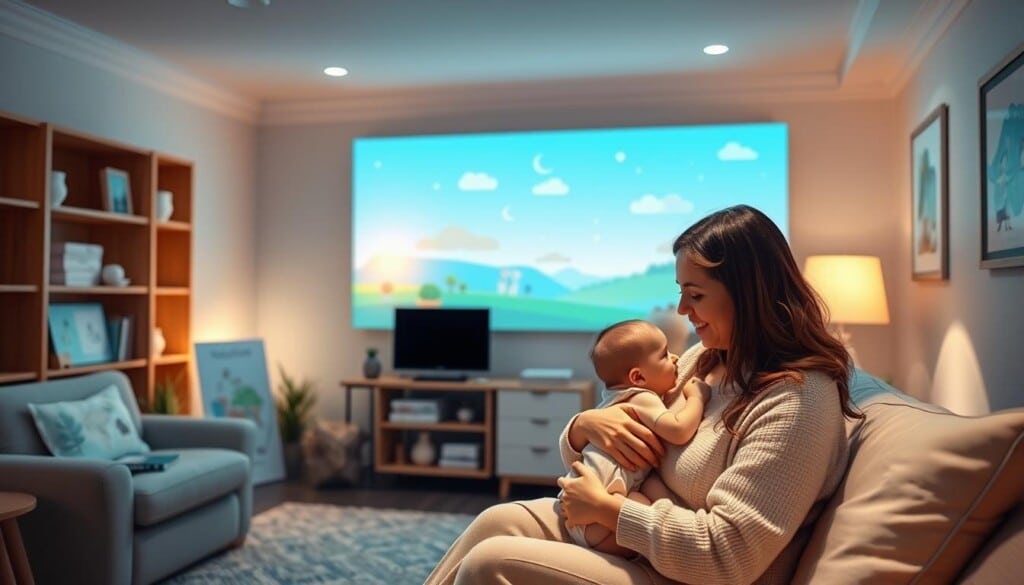 A cozy and inviting virtual lactation support space, with a warm, soft-lit atmosphere. In the foreground, a mother and child engage in a breastfeeding session, surrounded by supportive educational materials and resources. The middle ground features a soothing, minimalist decor, with calming colors and textures. In the background, a serene digital landscape, with gentle animations and illustrations depicting different stages of the breastfeeding journey. The scene conveys a sense of comfort, empowerment, and the holistic nature of lactation support and education.