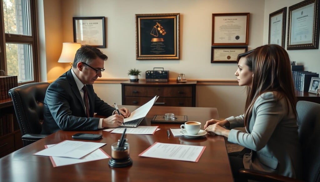 A cozy and well-lit law office, with a large wooden table at the center. On the table, there are documents, a laptop, a pen holder, and a cup of coffee. The attorney sits at the head of the table, meticulously reviewing files and making notes. Across from the attorney, the client sits attentively, dressed in professional attire. The lighting is soft and warm, creating a sense of professionalism and collaboration. The walls are adorned with framed law degrees and certificates, conveying the attorney's expertise. The overall atmosphere is one of focus, preparation, and a shared goal of achieving the best possible outcome for the client.
