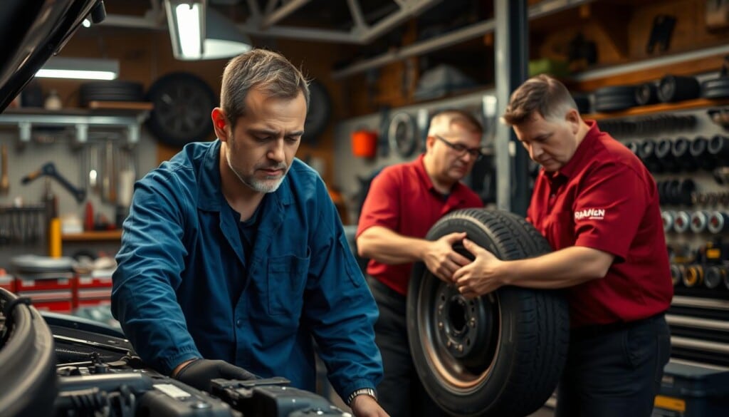 A cozy auto repair shop with mechanics hard at work, their faces illuminated by the warm glow of overhead lights. In the foreground, a mechanic in a blue jumpsuit leans over an engine, his expression focused as he troubleshoots a problem. In the middle ground, another mechanic in a red shirt changes a tire, his hands calloused from years of experience. In the background, tool-lined shelves and a wall of neatly organized spare parts, suggesting the expertise and attention to detail that define this local establishment. The atmosphere is one of professionalism and camaraderie, reflecting the dedicated service these specialists provide to their community.