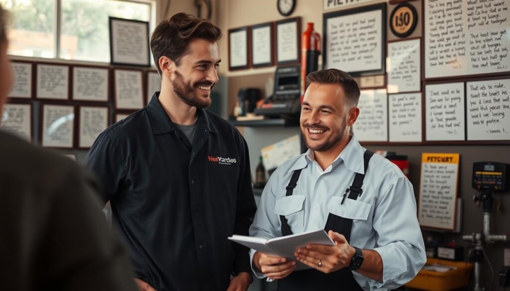 A cozy auto shop with sunlight spilling through the windows, where satisfied customers share their stories of exceptional service. In the foreground, a well-groomed mechanic listens intently, a warm smile on his face as he takes notes. Surrounding him, a collage of hand-written testimonials, each framed and displayed with pride, showcasing the shop's commitment to customer satisfaction. In the background, the hum of machinery and the scent of freshly changed oil create an atmosphere of professionalism and care. The overall scene exudes a sense of trust, reliability, and a genuine passion for delivering premium auto maintenance experiences.