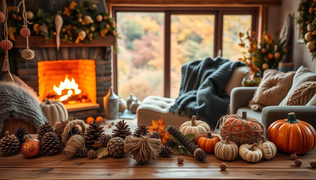 A cozy autumn scene showcasing an array of handmade seasonal crafts. In the foreground, a wooden table displays an assortment of ornaments, garlands, and pumpkin decorations crafted from natural materials like pinecones, leaves, and twine. The middle ground features a crackling fireplace casting a warm, golden glow, with knitted blankets and pillows surrounding it. In the background, a large window overlooks a lush, colorful landscape of fall foliage. The lighting is soft and diffused, creating a serene, inviting atmosphere perfect for a peaceful afternoon of creative expression.