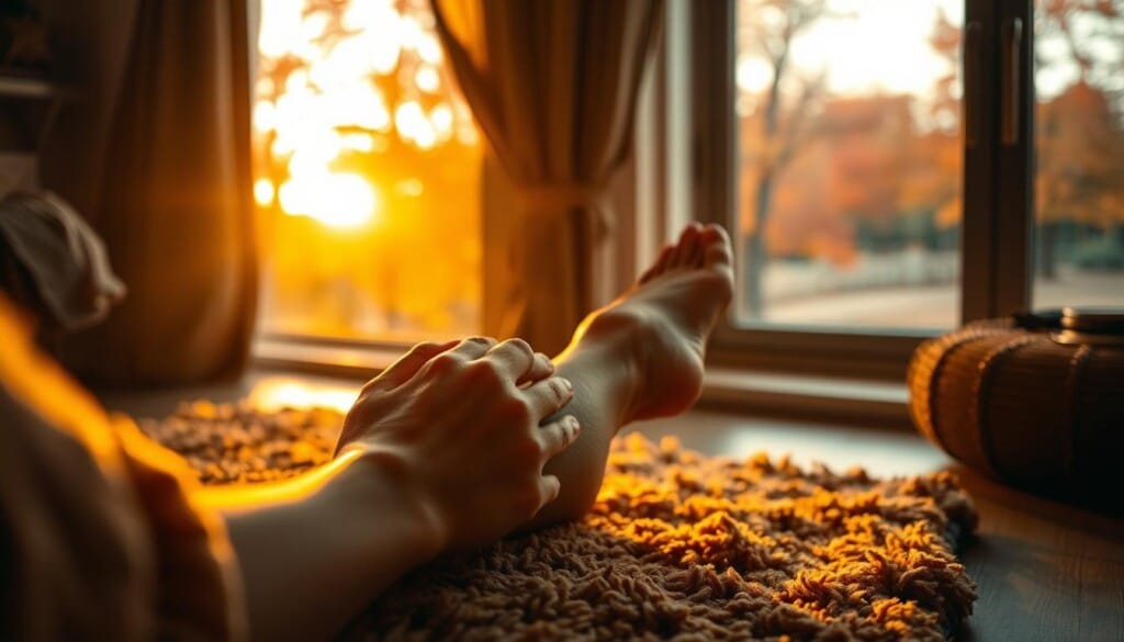 A cozy autumn scene, soft focus. In the foreground, a person's hands gently massaging a leg, subtly illuminated by warm, golden light. Behind them, a plush, textured rug in earthy tones, inviting comfort. In the background, a window looks out onto a transitioning landscape, with trees in vibrant hues of orange and red. The atmosphere is serene, reflecting the care and attention being given to the seasonal hair removal ritual. A 50mm lens captures the intimate, relaxing moment.