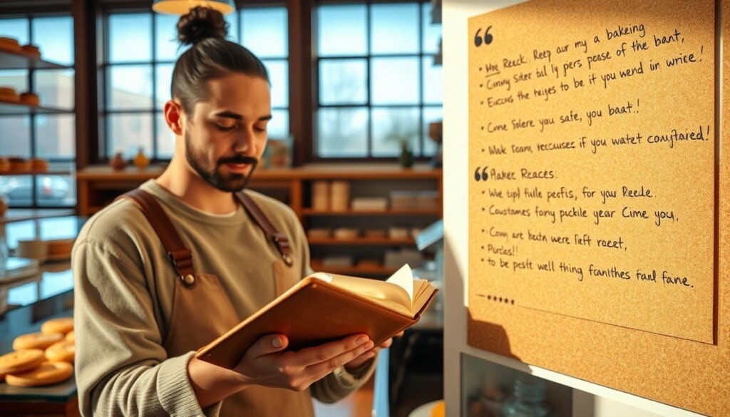 A cozy bakery interior, sunlit through large windows, showcases a counter displaying an array of delectable baked goods. In the foreground, a customer is carefully reviewing their receipt and jotting down notes in a leather-bound notebook, their face alight with contemplation. Against the backdrop, a smattering of positive customer reviews is visible on a corkboard, their handwritten comments and star ratings conveying the bakery's reputation for excellence. The scene is imbued with a warm, inviting atmosphere, capturing the importance of customer feedback in discovering the best local bakeries.