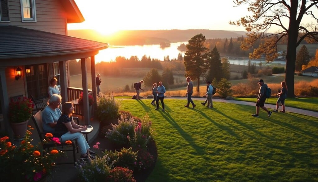A cozy bed and breakfast nestled in a picturesque countryside, with guests enjoying a variety of activities. In the foreground, a couple sipping coffee on a wraparound porch, admiring the vibrant garden. In the middle ground, a group of friends playing a lively game of croquet on the lush lawn. In the background, a serene lake reflects the golden hues of the setting sun, as hikers explore a nearby nature trail. The scene is bathed in warm, soft lighting, creating a welcoming and tranquil atmosphere, capturing the quintessential charm of a bed and breakfast getaway.