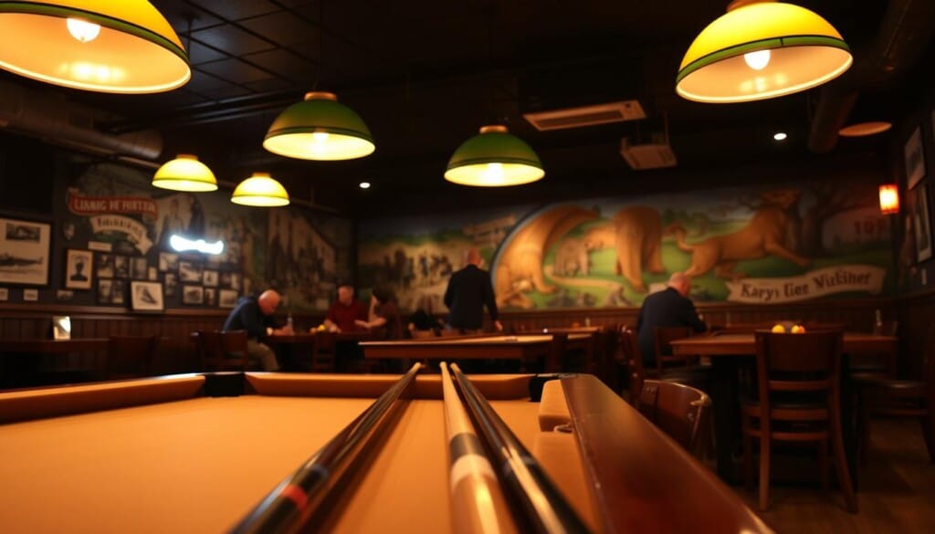 A cozy billiards hall with warm lighting, wooden tables, and a sense of local community. In the foreground, pool cues rest on the edge of a well-worn table, ready for the next game. The middle ground showcases players engrossed in friendly competition, their silhouettes illuminated by the soft glow of overhead lamps. The background reveals a vibrant mural adorning the wall, depicting the history and spirit of the establishment. The atmosphere is one of casual relaxation, where locals gather to hone their skills and enjoy each other's company.