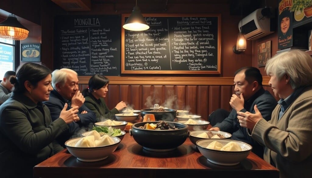 A cozy cafe interior, dimly lit with warm hues, showcasing Mongolian-style decor and furnishings. Customers seated at a wooden table, earnestly discussing their dining experiences, gesturing animatedly. Steaming bowls of traditional Mongolian fare, such as buuz dumplings and khorkhog lamb, take center stage. In the background, a large wall-mounted chalkboard displays handwritten reviews praising the authentic flavors and hospitable service. The atmosphere exudes a sense of cultural immersion, inviting the viewer to imagine themselves as part of this lively Mongolian dining scene.