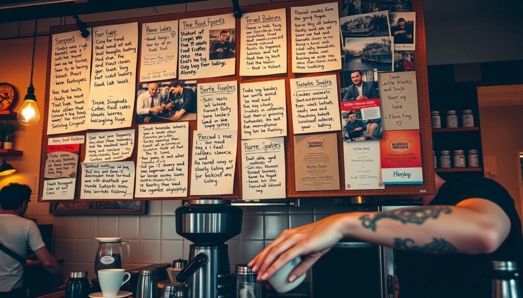 A cozy cafe interior, filled with the aroma of freshly brewed coffee and the chatter of local patrons. A community bulletin board adorned with handwritten recommendations, postcards, and flyers highlighting hidden gems - beloved bakeries, indie bookstores, and charming boutiques. Warm lighting casts a soft glow, inviting exploration. In the foreground, a barista skillfully prepares a latte, their tattooed hands a testament to the passion that permeates this vibrant, community-driven space. The scene conveys a sense of discovery, where local knowledge and personal connections guide the way to truly authentic experiences.