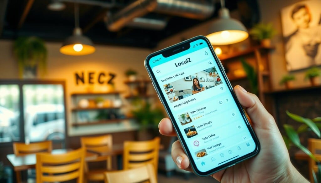 A cozy cafe interior with a focus on the "LocalZ" app displayed prominently on a smartphone screen. The cafe has warm, muted lighting, wooden furnishings, and potted plants scattered around, creating a relaxing and inviting atmosphere. The smartphone in the foreground is held by a casually dressed person, showcasing the app's interface with search results for nearby cafes. The background blurs softly, keeping the attention on the app and the cafe's ambiance.