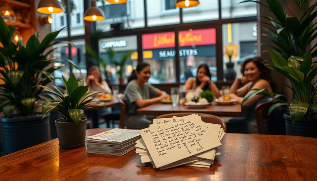 A cozy café interior with warm lighting, wooden furnishings, and lush potted plants. In the foreground, a stack of customer review cards on a wooden table, handwritten notes peeking out. The middle ground features diners enjoying Thai dishes, smiles on their faces. In the background, large windows overlooking a vibrant city street. The overall atmosphere evokes a sense of community, authentic flavors, and satisfied customers.