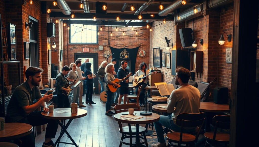 A cozy cafe interior, wooden floors and exposed brick walls, bathed in warm lighting. In the foreground, two young artists sit at a small table, engaged in animated conversation, coffee cups in hand. In the middle ground, a diverse group of local musicians mingle, exchanging ideas and sheet music. Across the room, a live performance takes place on a small stage, the musicians lost in their craft, their instruments producing a soulful melody. Overhead, string lights cast a gentle glow, creating an atmosphere of creativity and camaraderie. The scene exudes a sense of community, collaboration, and the rich musical tapestry of the local art scene.