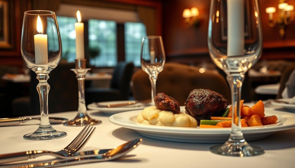 A cozy, candlelit table set for a fine dining experience. In the foreground, gleaming silverware and crystal glassware reflect the soft, warm lighting. The middle ground features a sumptuous spread of Scottish delicacies - succulent roasted haggis, creamy mashed potatoes, and sautéed vegetables. The background showcases a tastefully decorated restaurant interior, with rich wood paneling, plush seating, and elegant wall decor. The atmosphere exudes a sense of refinement and sophistication, inviting the diner to savor every moment of the exceptional culinary journey.