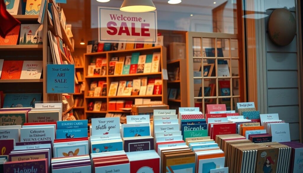 A cozy card shop with a display window showcasing a variety of discounted greeting cards and stationery. The foreground features an assortment of vibrant, colorful cards arranged in a visually appealing manner, tempting passersby with their special offers. The middle ground depicts the shop's interior, with warm lighting illuminating the shelves stocked with a diverse selection of unique and personalized cards. In the background, a charming storefront with a classic design and a welcoming 'SALE' sign invites customers to explore the shop's discounted treasures. The scene captures the inviting atmosphere of a card shop that celebrates the joy of finding the perfect card at an exceptional value.