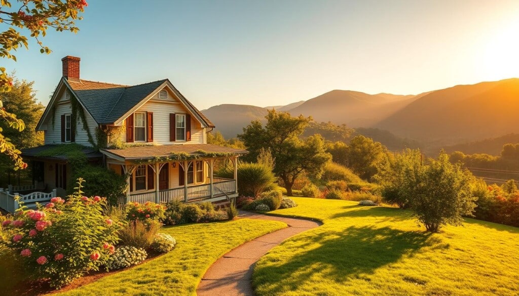 A cozy, charming bed and breakfast nestled in a picturesque American landscape. In the foreground, a quaint two-story house with a welcoming porch and climbing vines. The middle ground features a lush, verdant garden with blooming flowers and a winding path leading to the entrance. In the background, rolling hills or mountains bathed in warm, golden sunlight create a serene, idyllic atmosphere. The lighting is soft and natural, accentuating the rustic elegance of the setting. The composition uses a wide, panoramic lens to capture the full scope of this quintessential bed and breakfast destination.