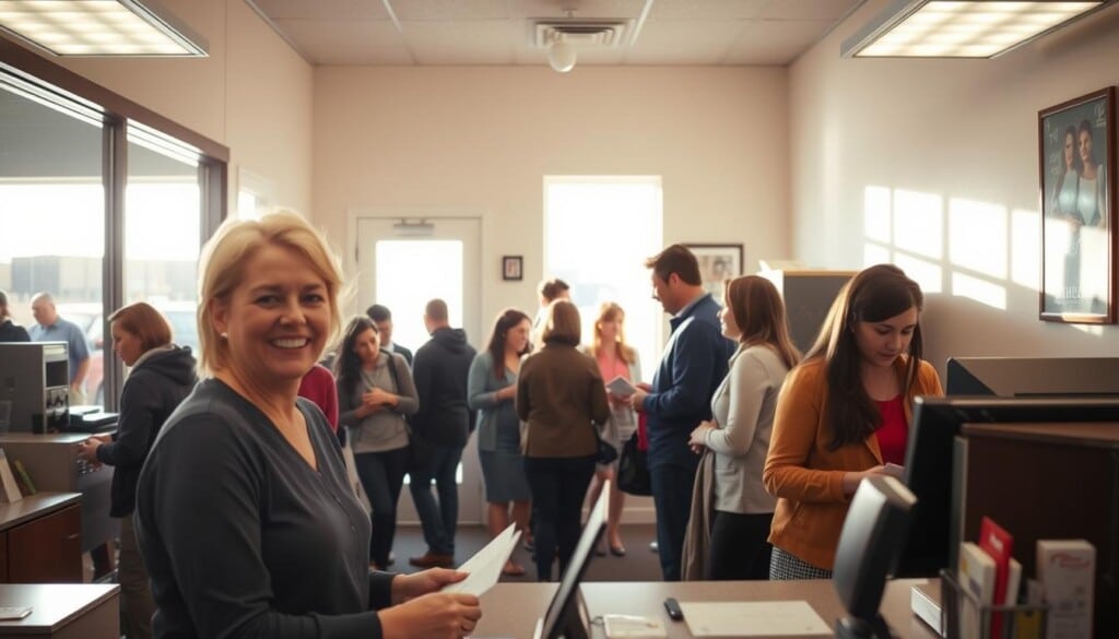 A cozy check cashing office, sunlight streaming through the windows, customers patiently waiting in line. The foreground features a friendly teller, smiling as they efficiently process transactions. In the middle ground, a diverse array of people - young and old, casual and professional - exchange cash for their checks. The background showcases the office's simple, clean design, with tasteful decor and modern equipment. An atmosphere of trust and efficiency pervades the scene, reflecting the reliable service promised by the check cashing business.