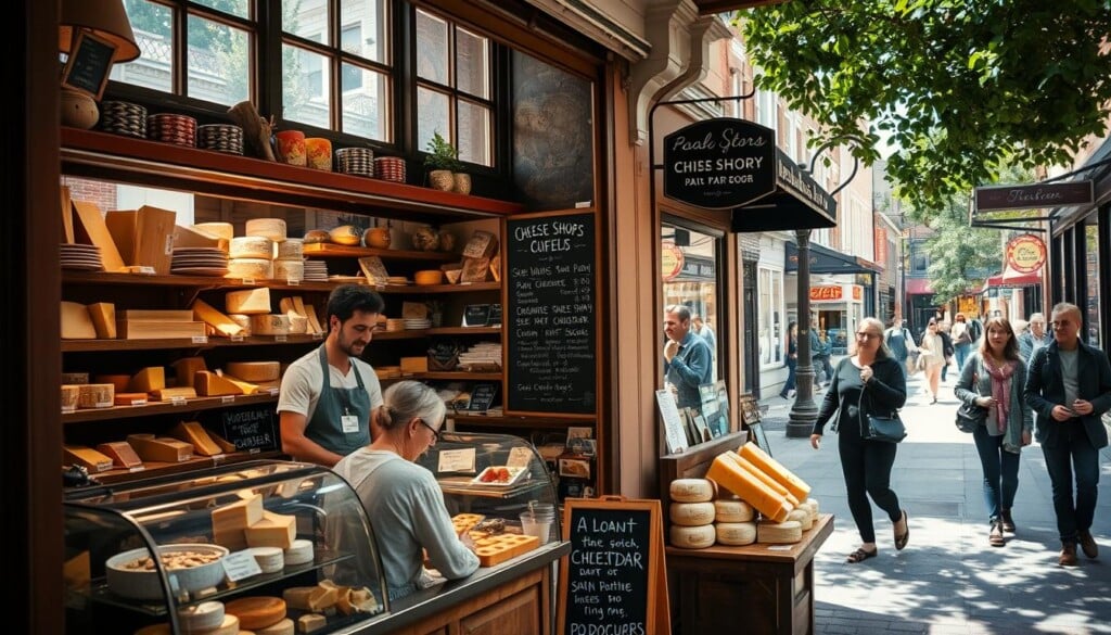 A cozy cheese shop nestled in a vibrant city street, sunlight filtering through large windows illuminating the shelves of artisanal cheeses and locally-sourced delicacies. In the foreground, a friendly shopkeeper stands behind the counter, engaging with a customer and discussing the provenance of a rare, aged cheddar. The middle ground features a display of chalkboard menus and hand-written signage, highlighting the shop's commitment to supporting local producers. In the background, passersby stroll along the sidewalk, adding to the bustling atmosphere of the neighborhood. The overall scene conveys a sense of community, quality, and the joy of discovering unique culinary treasures at a beloved local establishment.