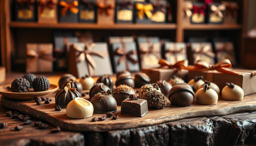 A cozy chocolate tasting experience with an array of artisanal treats. On a rustic wooden table, various chocolate-infused delights are arranged - from rich dark chocolate truffles to creamy milk chocolate pralines, complemented by delicate cocoa nibs and dried fruit garnishes. Soft, warm lighting casts a golden glow, creating an intimate and indulgent atmosphere. In the background, shelves display exquisitely packaged custom chocolate gift boxes, their foil-embossed labels and ribbons hinting at the luxurious confections within. The scene evokes a sense of refined sophistication and the joy of discovering unique chocolate creations.