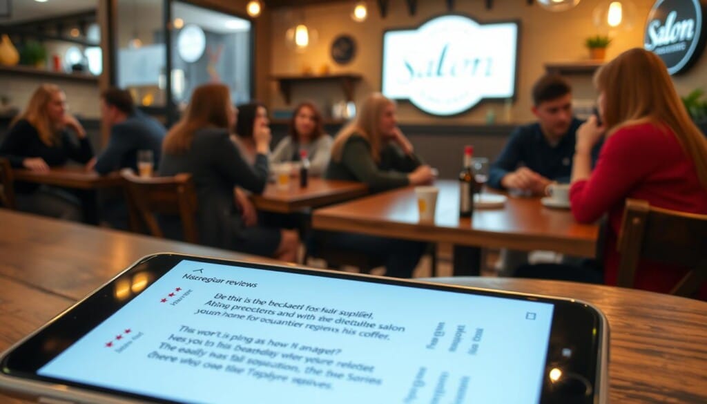 A cozy coffee shop setting, with customers seated at rustic wooden tables, deeply engaged in conversation. In the foreground, a smartphone displays a series of heartfelt reviews, each conveying a sense of satisfaction and delight with the salon's services. The lighting is warm and inviting, casting a soft glow over the scene. In the background, the salon's logo and signage are visible, hinting at the establishment's professionalism and quality. The overall atmosphere is one of trust, community, and a shared appreciation for the salon's excellent work.