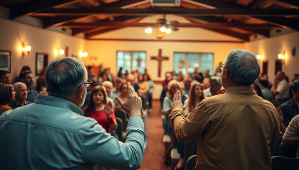 A cozy community center filled with people of diverse backgrounds, gathered for a lively religious program. Warm lighting casts a welcoming glow, illuminating the faces of attentive listeners, some with hands raised in reverence. In the foreground, a charismatic speaker gestures emphatically, their words inspiring the audience. The middle ground reveals rows of chairs and subtle religious symbols, creating a sense of spiritual connection. The background softly blurs, focusing attention on the central activity - a community united through shared faith and sense of purpose.