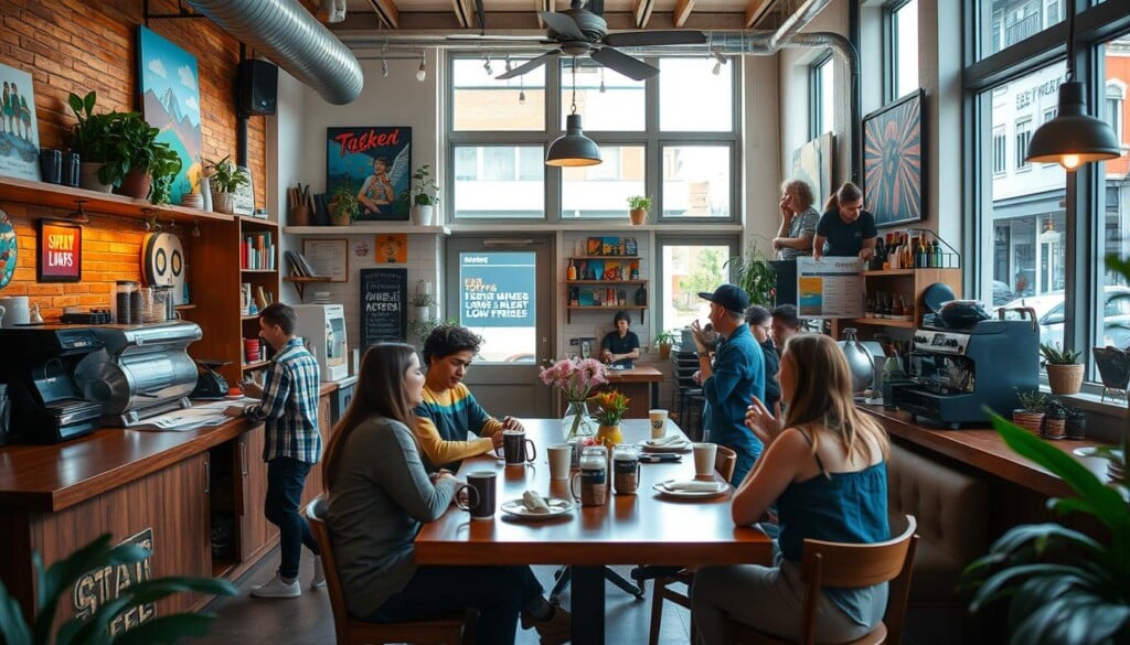 A cozy community coffee shop nestled in a bustling urban neighborhood. The interior is filled with natural light, warm wood tones, and the aroma of freshly brewed coffee. A group of locals gather around a central table, engaged in animated conversation, sharing ideas and connecting over their shared passion for supporting local businesses. Colorful artwork adorns the walls, reflecting the vibrant spirit of the community. Baristas move efficiently behind the counter, preparing customized drinks and snacks. Soft, ambient music plays in the background, creating a welcoming and inviting atmosphere that encourages social interaction and a sense of belonging.
