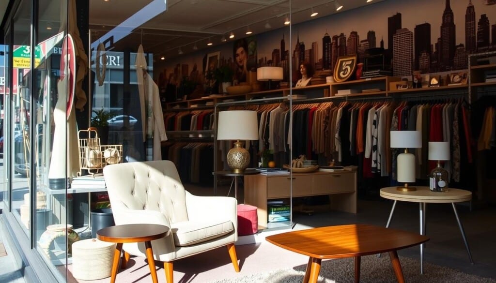 A cozy consignment shop in a bustling city street, with a large display window showcasing a variety of high-quality, gently used items. In the foreground, a stylish vintage armchair and a mid-century modern side table catch the eye, bathed in the warm glow of soft, diffused lighting. In the middle ground, shelves and racks display an eclectic mix of clothing, accessories, and home decor, each piece a unique treasure waiting to be discovered. The background features a mural depicting a vibrant cityscape, hinting at the diverse offerings and the local flair that defines the shop's "LocalZ Advantage." The overall scene conveys a sense of timeless elegance, quality, and the thrill of the hunt for the discerning consignment shopper.