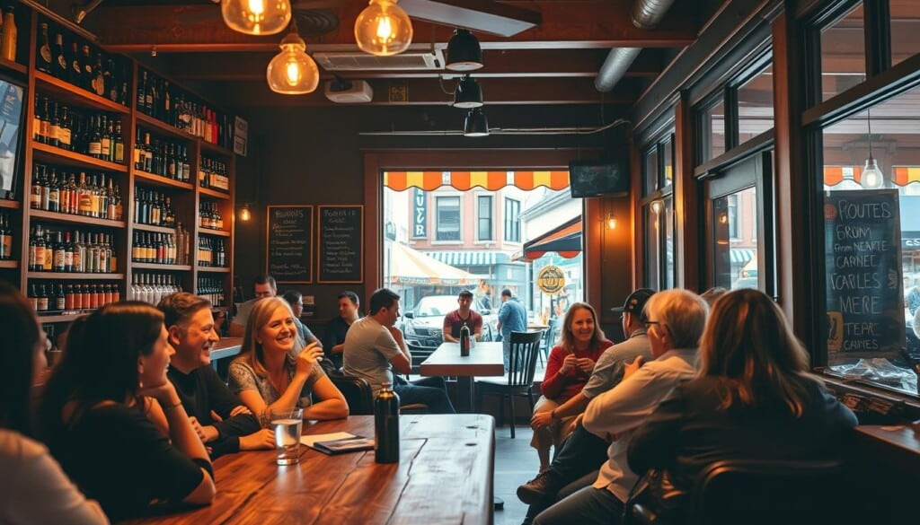 A cozy corner of a bustling neighborhood, showcasing the vibrant spirit of a local bar and grill. In the foreground, patrons gather around a rustic wooden table, their faces aglow with the warm lighting and laughter. Shelves behind the bar display an array of craft beers and spirits, reflecting the establishment's commitment to supporting regional producers. The middle ground features the bar's signature wooden accents and chalkboard menus, highlighting daily specials from nearby farms and artisanal suppliers. In the background, large windows offer glimpses of the bustling street outside, where colorful awnings and signage draw passers-by into the inviting atmosphere. The overall mood is one of community, authenticity, and a celebration of the local.