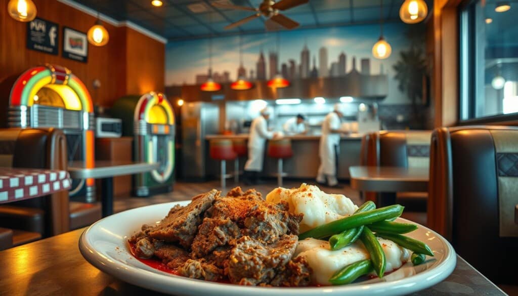 A cozy corner of a local diner, bathed in soft, warm lighting. Wooden booths and checkered tablecloths set the scene, with a vintage jukebox in the background playing soulful tunes. The foreground features a steaming plate of comfort food - homemade meatloaf, mashed potatoes, and green beans, garnished with a sprinkle of paprika. The middle ground showcases a bustling open kitchen, where chefs in crisp white uniforms work their magic. In the background, a mural depicting the city's skyline adds a touch of local flavor. The atmosphere is inviting, nostalgic, and quintessentially American.
