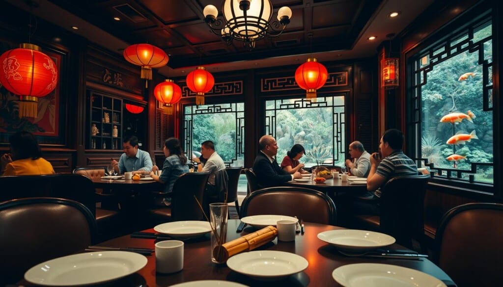 A cozy, dimly lit Chinese restaurant with a warm, inviting atmosphere. The foreground features a table set for an elegant dining experience, with porcelain plates, chopsticks, and a bamboo centerpiece. In the middle ground, patrons enjoy their meals, engaged in lively conversation, creating a sense of community. The background showcases traditional Chinese decor, such as red lanterns, intricate carvings, and a tranquil koi pond visible through the large windows. Soft, diffused lighting creates a intimate, relaxing mood, enhancing the overall ambiance of the dining experience.
