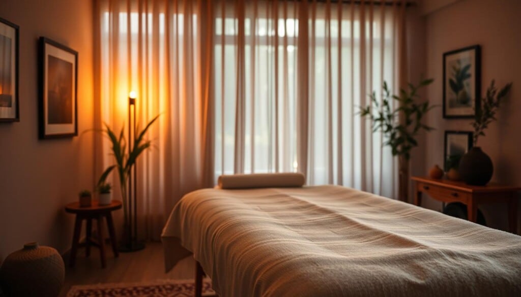 A cozy, dimly lit massage studio with warm, natural lighting filtering through sheer curtains. Soft ambient music plays in the background, creating a tranquil and soothing atmosphere. In the foreground, a plush massage table is draped with high-quality linens, inviting the client to sink into a state of deep relaxation. The walls are adorned with calming artwork and subtle, earthy-toned decor, while plants and essential oil diffusers add to the serene, spa-like ambiance. The overall scene evokes a sense of comfort, peace, and the perfect environment for a restorative massage therapy session.