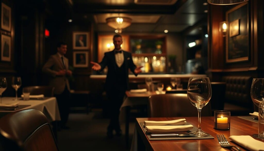A cozy, dimly lit restaurant interior with a warm, inviting atmosphere. In the foreground, a wooden table is set with elegant place settings, a flickering candle, and a wine glass. In the middle ground, a smartly dressed host gestures towards an available table, welcoming diners. The background features a softly lit bar area and elegant décor, hinting at the gourmet dining experience to come. Diffused lighting creates a sense of intimacy and anticipation, setting the stage for a memorable culinary journey.