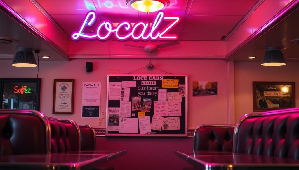 A cozy diner interior, warm and inviting, with a classic neon sign overhead reading "LocalZ" in vibrant hues. Vinyl booths line the walls, chrome accents gleam under soft, ambient lighting. At the center, a community bulletin board displays flyers, event announcements, and handwritten notes, inviting patrons to join, connect, and explore the local community. The scene is captured with a wide-angle lens, lending a sense of depth and welcoming atmosphere, as if the viewer is stepping right into this quintessential American diner experience.