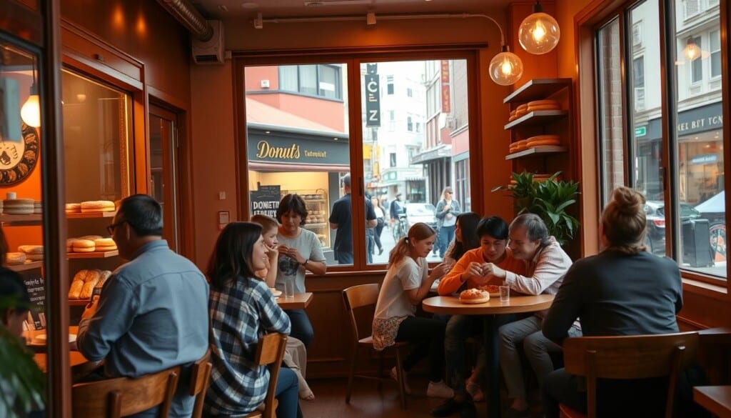 A cozy, family-friendly donut shop nestled in a vibrant urban setting. The storefront features warm, wooden accents and large windows that welcome passersby. Inside, the inviting atmosphere is enhanced by the enticing aroma of freshly baked donuts. Customers of all ages gather around intimate tables, savoring their treats and enjoying quality time together. The lighting is soft and natural, creating a welcoming ambiance. In the background, a bustling city street can be seen through the windows, adding a sense of energy and community. The overall scene conveys a sense of comfort, indulgence, and the simple pleasures of sharing a delicious donut with loved ones.