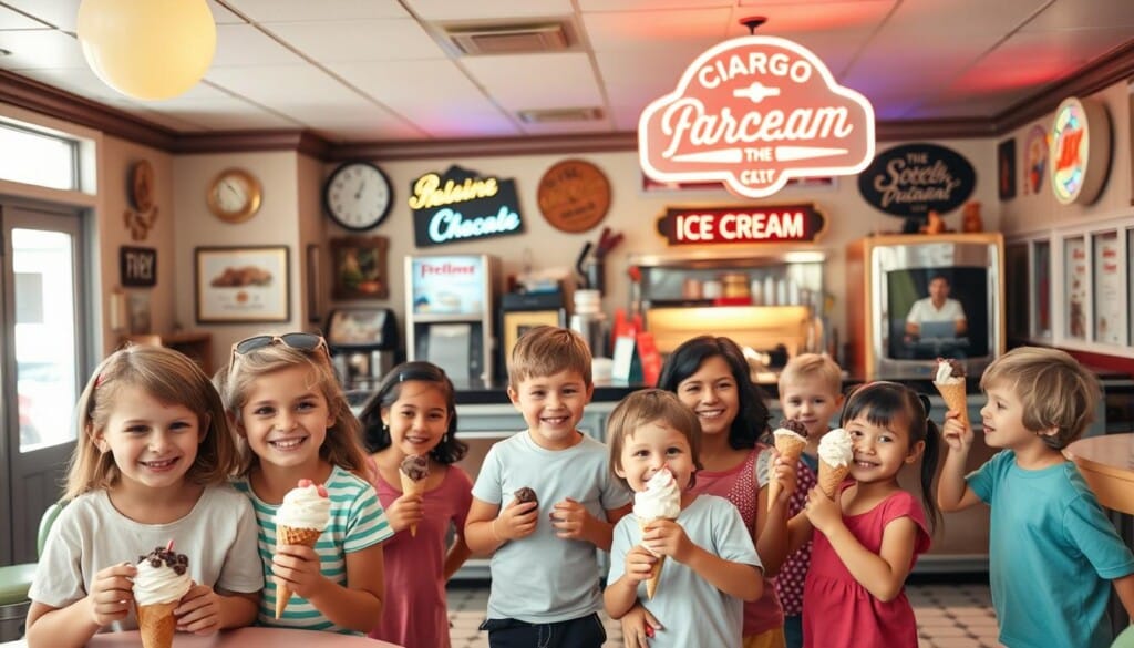 A cozy, family-friendly ice cream parlor with classic soda fountain decor. The foreground features a cheerful group of children and their parents enjoying various flavors of ice cream cones and sundaes. The middle ground showcases the retro-style counter and old-fashioned soda fountain, with a smiling server behind the counter. In the background, vintage-inspired wall decor, neon signs, and tiled floors create a welcoming, nostalgic atmosphere. The lighting is warm and inviting, with soft, diffused illumination to enhance the comforting, homey vibe. The overall scene conveys a sense of timeless charm and wholesome, community-oriented enjoyment of delicious, creamy ice cream treats.
