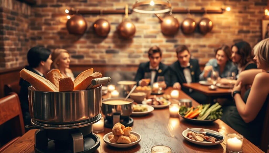 A cozy fondue restaurant set in a warm, inviting atmosphere. In the foreground, a wooden table is adorned with a bubbling fondue pot, surrounded by fresh bread, juicy meats, and crisp vegetables, ready for dipping. The middle ground features elegantly dressed diners enjoying the communal dining experience, their faces lit by the soft glow of candlelight. In the background, a rustic brick wall is accented by decorative copper pots and pans, creating a charming and authentic ambiance. The lighting is soft and even, casting a golden hue throughout the scene, evoking a sense of comfort and indulgence. The camera angle is slightly elevated, providing a welcoming and inclusive perspective.