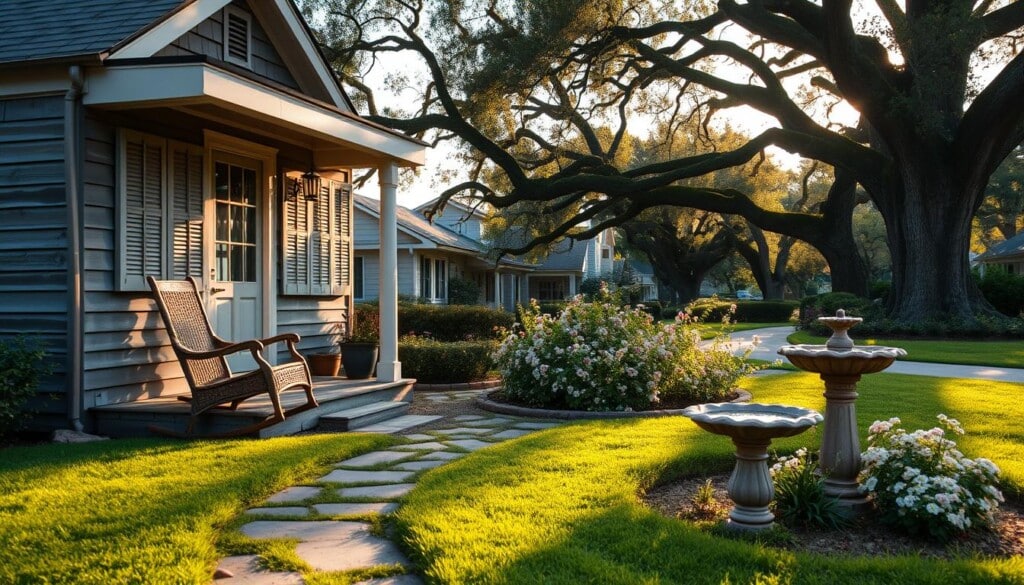 A cozy guest house nestled in a quaint suburban neighborhood, with a charming exterior of weathered wood and decorative shutters. In the foreground, a well-manicured lawn and a stone pathway lead up to the inviting porch, where a wicker rocking chair beckons visitors to sit and relax. The middle ground features a lush, blooming garden, with delicate flowers and a birdbath that catches the soft, golden light of the afternoon sun. In the background, a row of stately oak trees sways gently, their leaves casting gentle shadows across the scene. The overall atmosphere is one of tranquility and hospitality, inviting travelers to discover the unique character of this local guest house.