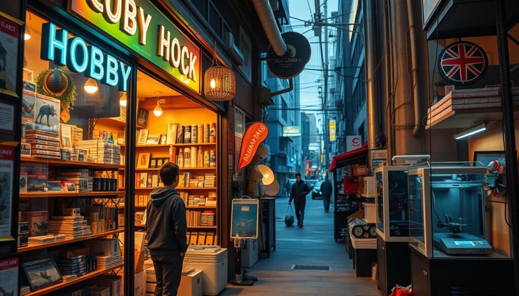 A cozy hobby shop nestled in a bustling city street, its inviting storefront adorned with neon signs and a well-curated display window. Inside, warm lighting illuminates a treasure trove of model kits, craft supplies, and hobby tools, neatly organized on wooden shelves. A lone hobbyist peruses the aisles, lost in contemplation as they consider their next creative pursuit. The shop's atmosphere is one of quiet enthusiasm, a hub for those seeking to unleash their inner artist or engineer. In the background, the hum of a 3D printer adds to the sense of innovation and possibility. This image conveys the joy of discovering a hidden gem, a place where passions are ignited and hobbies are born.