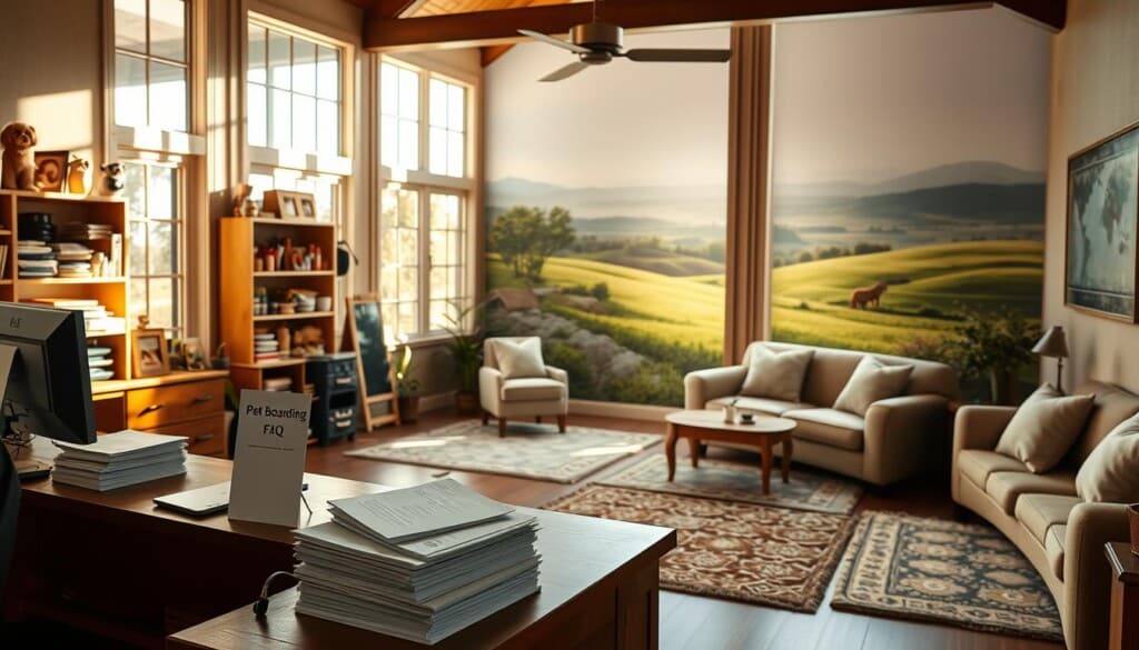 A cozy home interior with a well-appointed pet boarding reception area. Sunlight streams through large windows, illuminating a warm, inviting space. In the foreground, a wooden desk with a computer and a neat stack of papers labeled "Pet Boarding FAQ". Behind it, shelves display an array of pet toys, treats, and supplies. The middle ground features comfortable seating areas, with plush rugs and throw pillows in soothing tones. In the background, a mural of a lush, serene landscape provides a calming backdrop. The overall atmosphere conveys a sense of professionalism, attention to detail, and a deep care for the well-being of the furry guests.