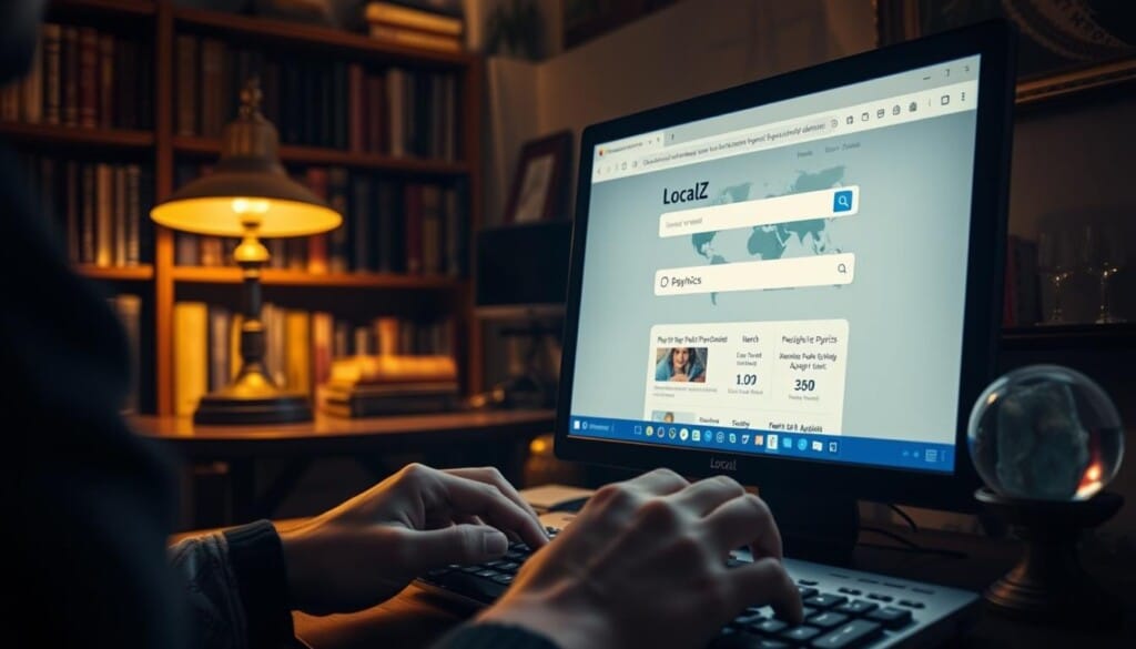 A cozy home office, dimly lit by a vintage brass lamp, a desktop computer displaying a LocalZ search page. In the foreground, a person's hands hover over the keyboard, fingers poised to search for "psychics". The background reveals a bookshelf filled with mystical tomes and a crystal ball on a side table, hinting at the seeker's fascination with the esoteric. Soft, warm lighting creates an atmosphere of introspection and anticipation, as the person prepares to uncover insights from trusted psychic advisors on the LocalZ platform.