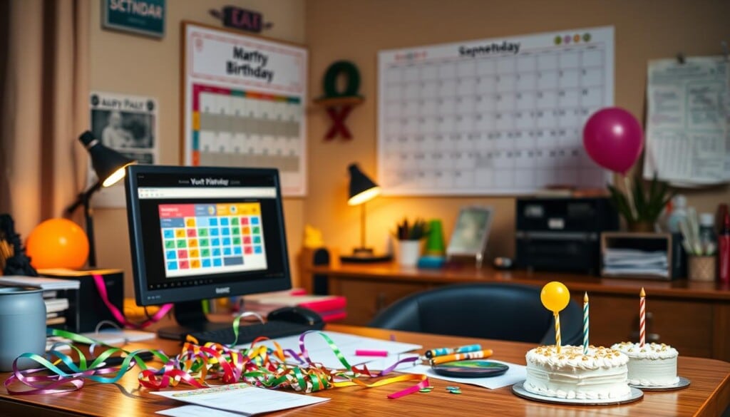 A cozy home office setting with a desktop computer, a colorful calendar, and various party planning supplies scattered across the wooden desk. The lighting is soft and warm, creating a welcoming atmosphere. In the background, a large wall calendar displays the upcoming month, highlighting an important date. The foreground features strategically placed party decorations, such as streamers, balloons, and a small cake, hinting at the preparations for an upcoming birthday celebration. The overall scene conveys a sense of organization, attention to detail, and a proactive approach to birthday party planning.