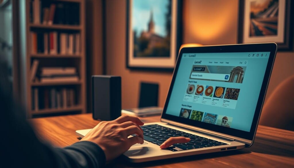 A cozy home office setting with a laptop on the desk, its screen displaying the LocalZ search interface. The user's hands are positioned over the keyboard, suggesting an active search. Warm, diffused lighting illuminates the scene, creating a focused and productive atmosphere. The background features a bookshelf and a framed art print, hinting at the user's personal interests. The overall composition conveys the process of searching for local businesses, in this case, cake and pie shops, on the LocalZ platform.