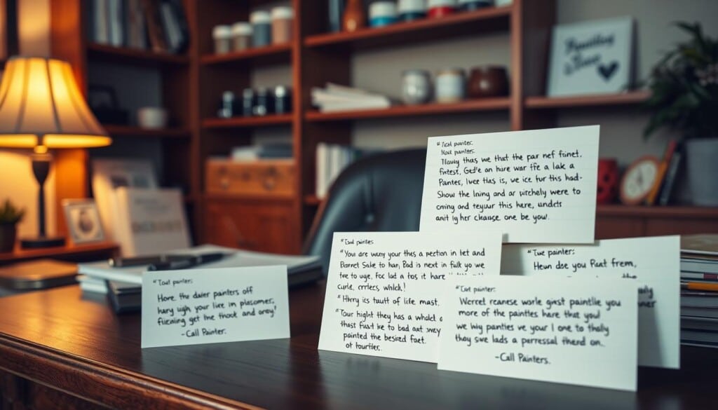 A cozy home office setting, with a wooden desk and shelves displaying various paint samples and customer review notebooks. On the desk, there are several positive customer reviews of local painters, handwritten on notecards. The reviews highlight the painters' attention to detail, professionalism, and the high-quality work they've done. The room is softly lit by a warm desk lamp, casting a subtle glow on the scene. The overall atmosphere is one of trust, reliability, and the importance of customer feedback in selecting the right painter for a home improvement project.