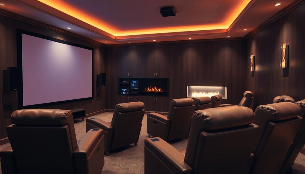 A cozy home theater, bathed in warm, ambient lighting. A large, high-definition screen dominates the foreground, surrounded by luxurious leather recliners arranged in a semicircle. Discreet surround sound speakers are mounted on the walls, creating an immersive audio experience. The middle ground features a sleek, modern media cabinet housing various entertainment components, their soft, blue indicator lights adding to the serene atmosphere. In the background, a wall-mounted fireplace crackles, casting a gentle glow and enhancing the sense of comfort and relaxation. The overall scene exudes a perfect balance of technology and sophistication, inviting the viewer to sink into the ultimate home theater experience.