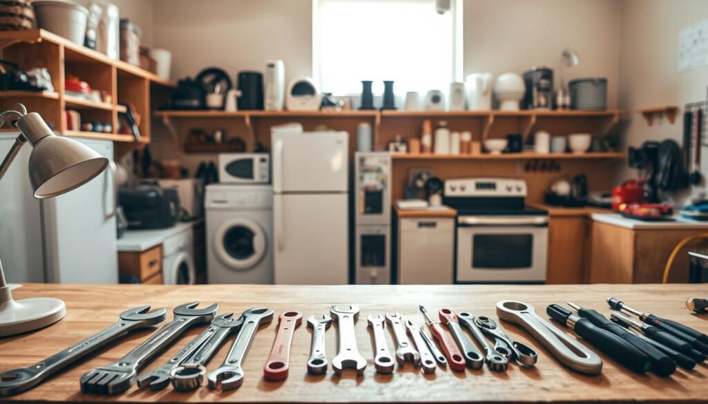 A cozy home workshop with a variety of tools and appliance parts neatly organized on wooden shelves against a warm, inviting backdrop. In the foreground, a set of wrenches, screwdrivers, and pliers are displayed on a workbench, casting soft shadows under the glow of a desk lamp. The middle ground features an array of common household appliances, such as a washing machine, refrigerator, and stove, ready for inspection and repair. The background showcases a muted color palette, emphasizing the sense of preparedness and professionalism. Bright, natural lighting filters in through a window, creating a welcoming atmosphere for the upcoming appliance service.