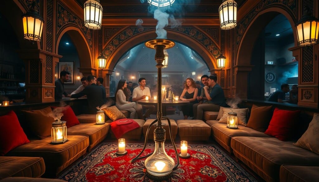 A cozy hookah bar ambiance, with low-lit lanterns casting a warm glow across ornate hookah pipes and plush lounge seating. The foreground features a central hookah on a richly patterned rug, surrounded by inviting pillows and ottomans. In the middle ground, intimate groups of friends converse, their faces illuminated by the flickering flames. The background depicts a softly lit interior, with decorative arches, intricate tilework, and the silhouettes of shisha smoke drifting through the air, creating a serene, relaxing atmosphere. Shot with a wide-angle lens to capture the depth and atmosphere of the space.